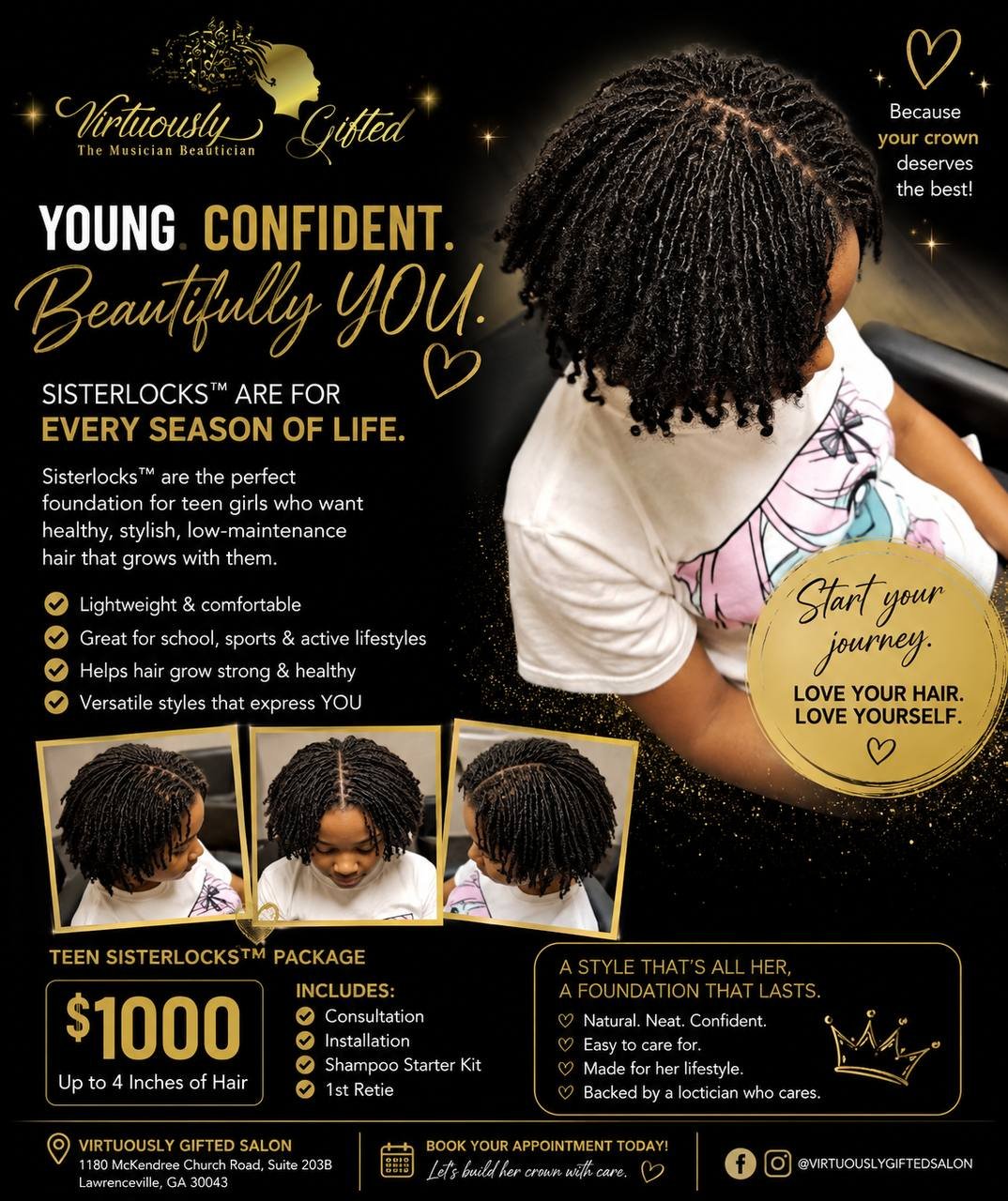 Teen Sisterlocks install at Virtuously Gifted Salon — precise parting grid and healthy, uniform locs